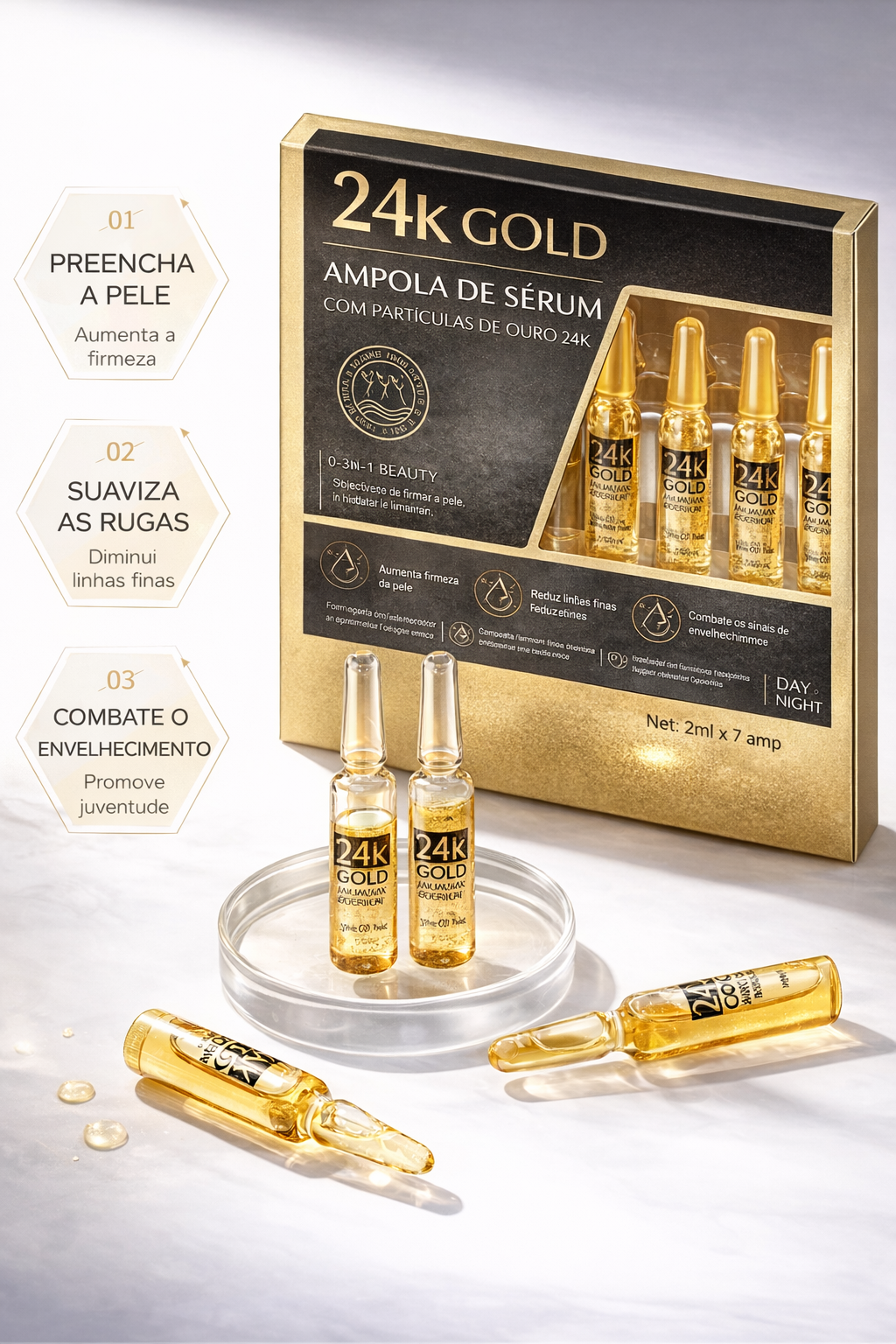 Sérum Facial Ouro 24K com Ácido Hialurônico e Colágeno Ativo Tratamento Intensivo de Hidratação, Firmeza e Luminosidade da Pele