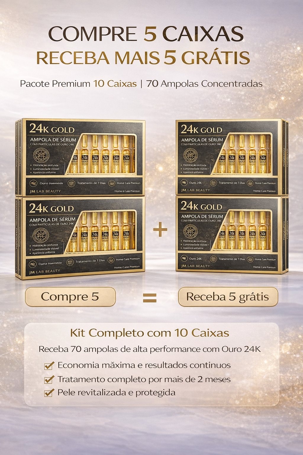 Sérum Facial Ouro 24K com Ácido Hialurônico e Colágeno Ativo Tratamento Intensivo de Hidratação, Firmeza e Luminosidade da Pele