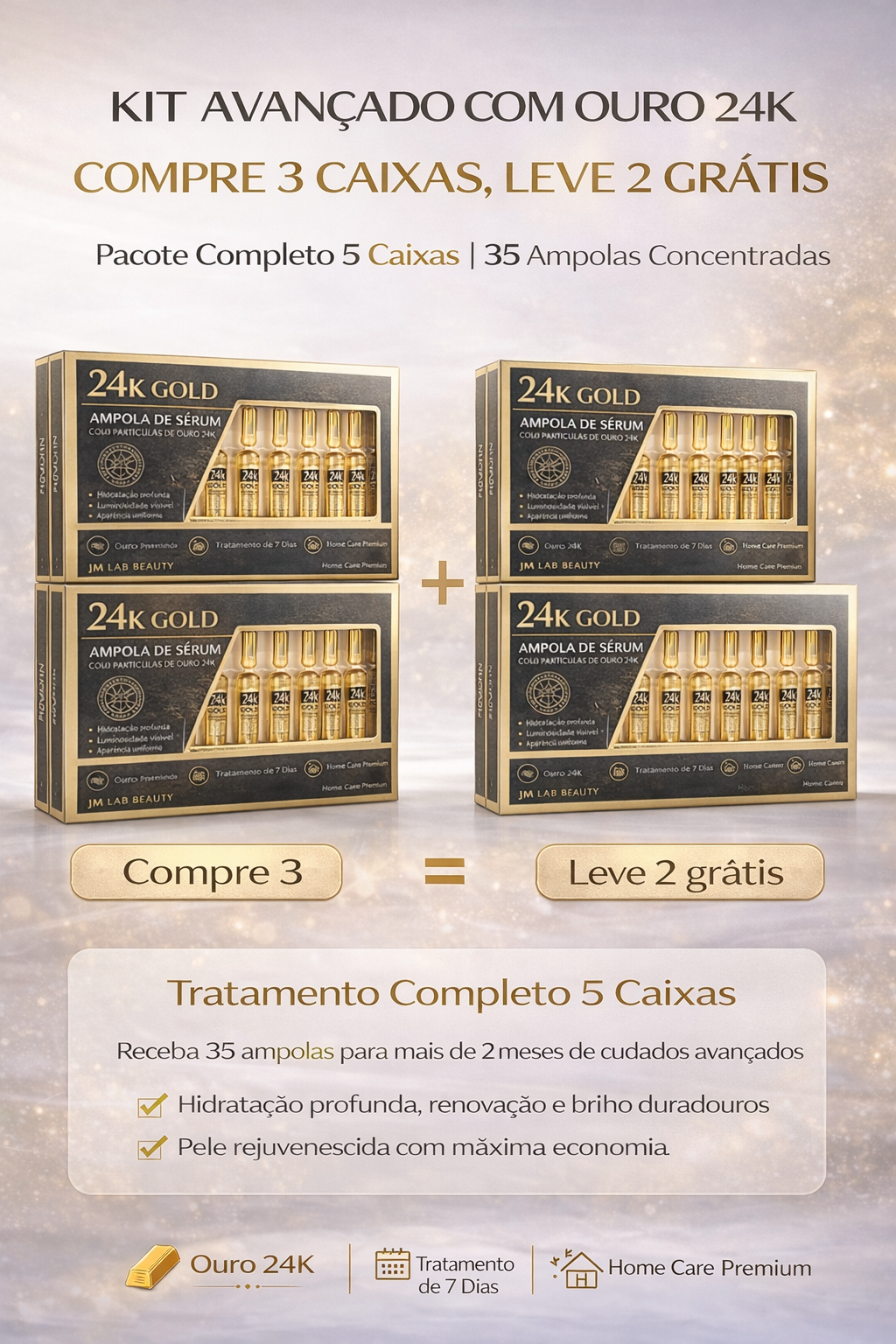 Sérum Facial Ouro 24K com Ácido Hialurônico e Colágeno Ativo Tratamento Intensivo de Hidratação, Firmeza e Luminosidade da Pele