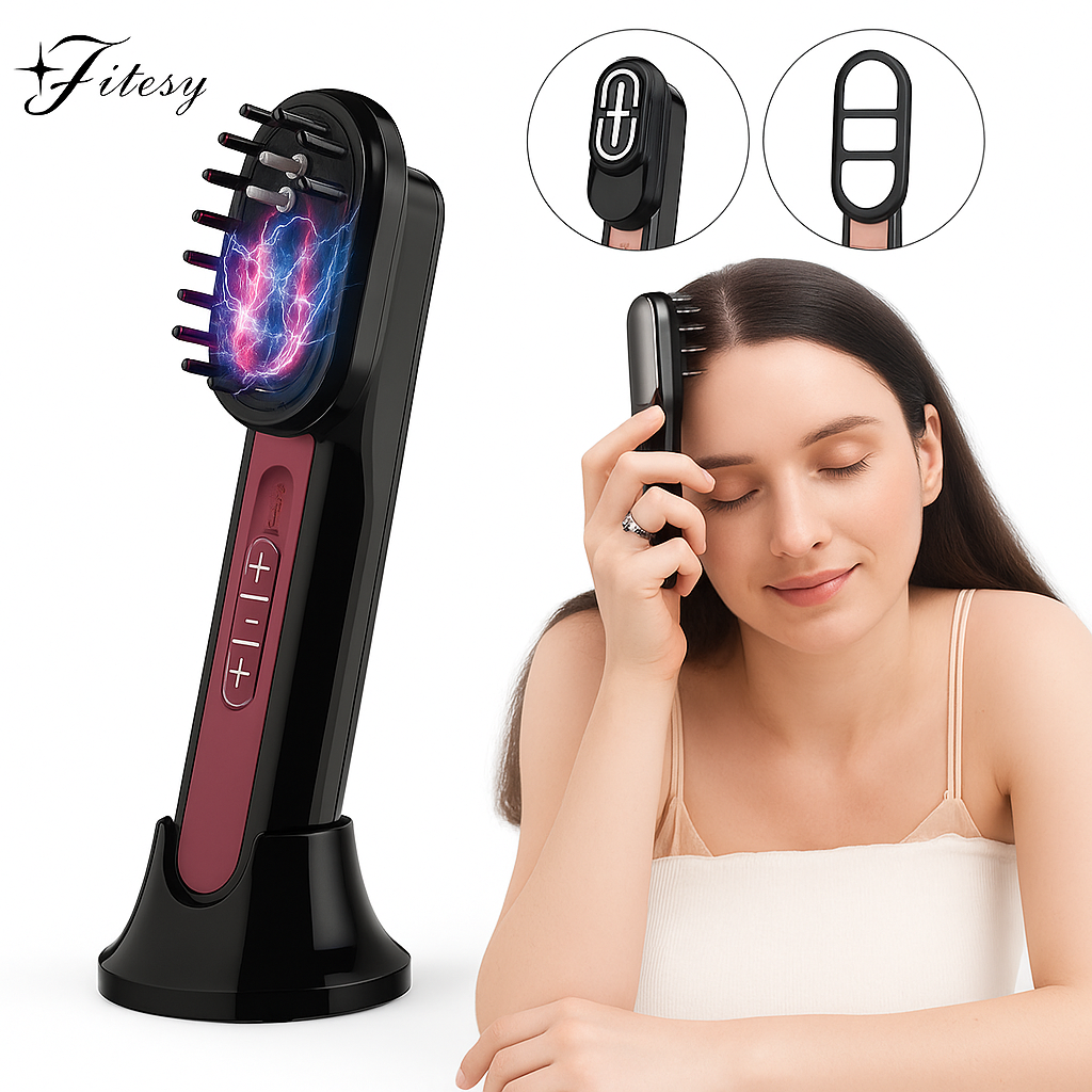 Fitesy 3-em-1 – Pente Capilar EMS com Luz Vermelha e Azul, Massagem Magnética e Estímulo de Crescimento Capilar