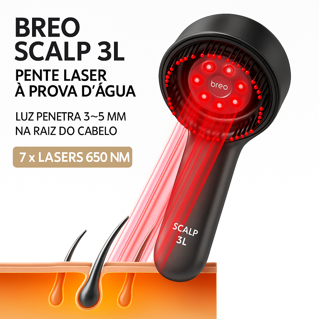 Breo Scalp 3L – Pente Laser à Prova d'Água para Estímulo Avançado do Crescimento Capilar • Carregamento Type-C