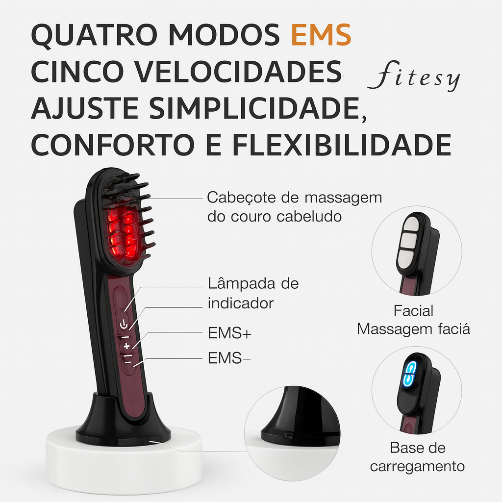 Fitesy 3-em-1 – Pente Capilar EMS com Luz Vermelha e Azul, Massagem Magnética e Estímulo de Crescimento Capilar